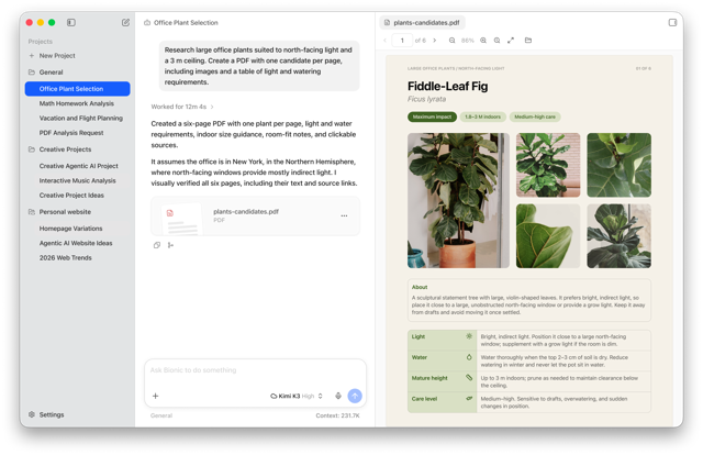 Official Bionic Mac workspace example with an agent conversation and PDF preview; exact build not specified.