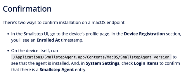 macOS installation confirmation — screenshot of official Smallstep Agent documentation