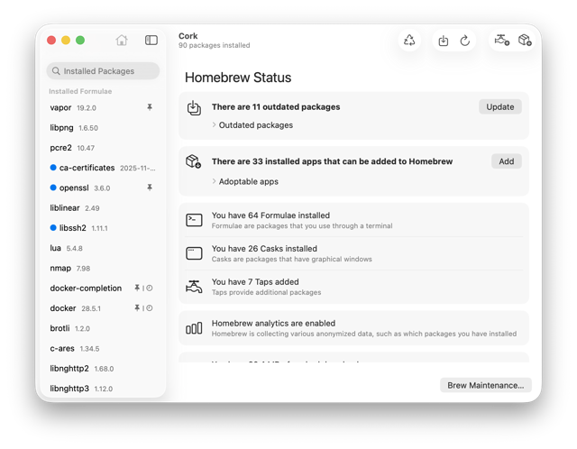 Official Cork macOS Homebrew Status window with installed packages and maintenance controls.