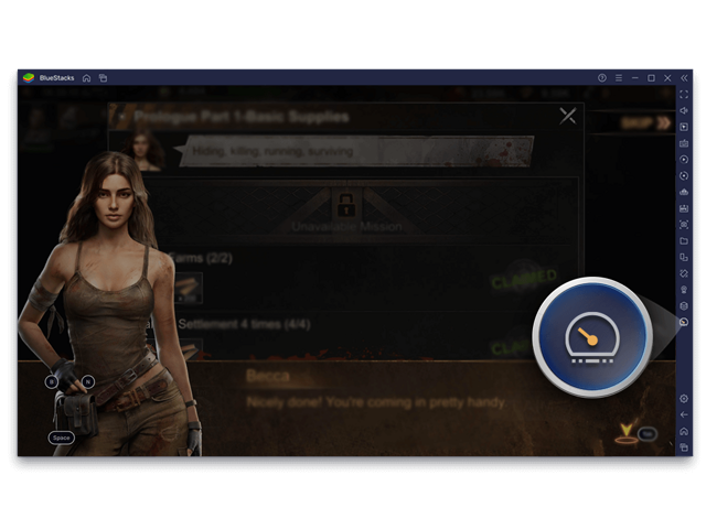 BlueStacks on Windows with the game-control interface visible.