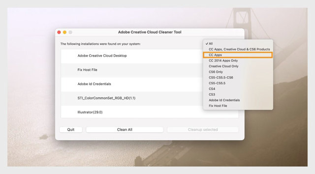 Creative Cloud Cleaner Tool for macOS: cleanup scope selection in the official Adobe operation guide
