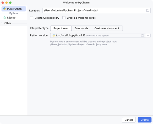 Caixa de diálogo oficial de criação de projetos do PyCharm Community 2025.2 para macOS