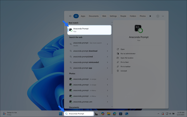 Official Miniconda Windows 11 guide: open Anaconda Prompt after installation. Not a macOS interface.