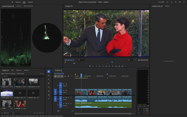 Official FilmCraft screenshot: color scopes, program monitor and timeline.