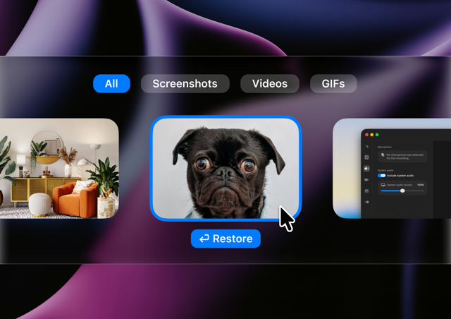 Official CleanShot Capture History interface illustration with screenshots and recordings; version unspecified.