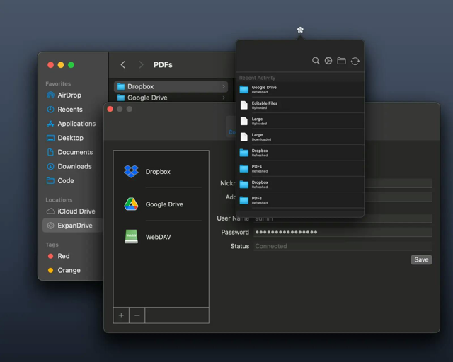 Official Mac preview of cloud drives in Finder and the recent-activity panel.