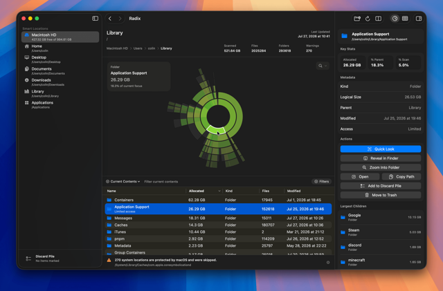 Official tagged Radix dark sunburst storage map, file browser and Inspector; precise capture build unspecified.