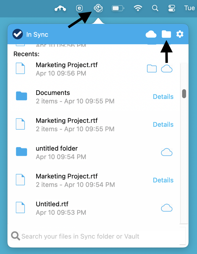 Sync Mac menu bar panel: official guide screenshot with sample recent files and annotated folder button