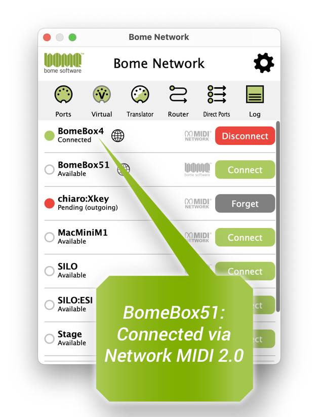 Official macOS preview of Bome Network devices and connection controls.