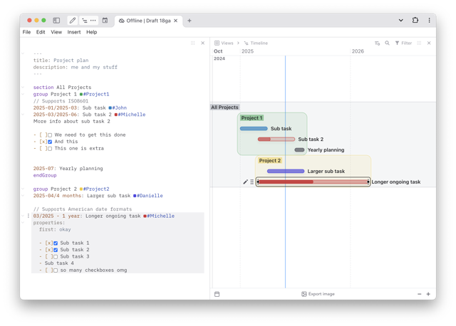 Official documentation preview with the text editor and project timeline.
