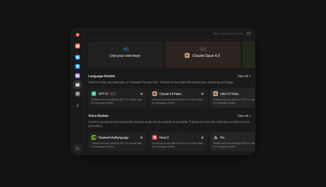 Official Superwhisper macOS press-kit settings and model-selection example; exact build unspecified.