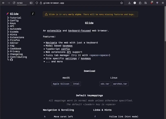 Official early-alpha demo preview of Glide displaying its documentation.