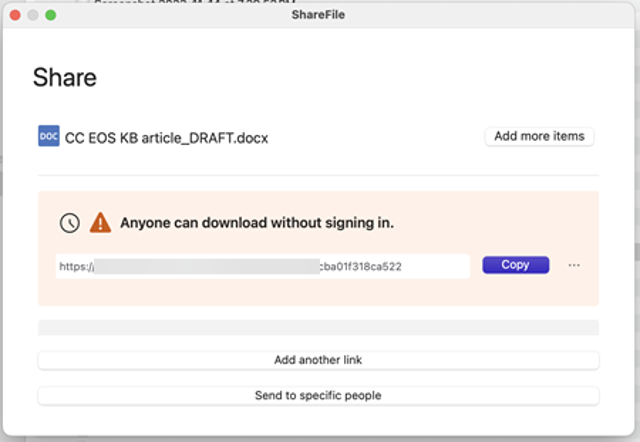 ShareFile: official Mac sharing guide; Share window with an example document and masked link