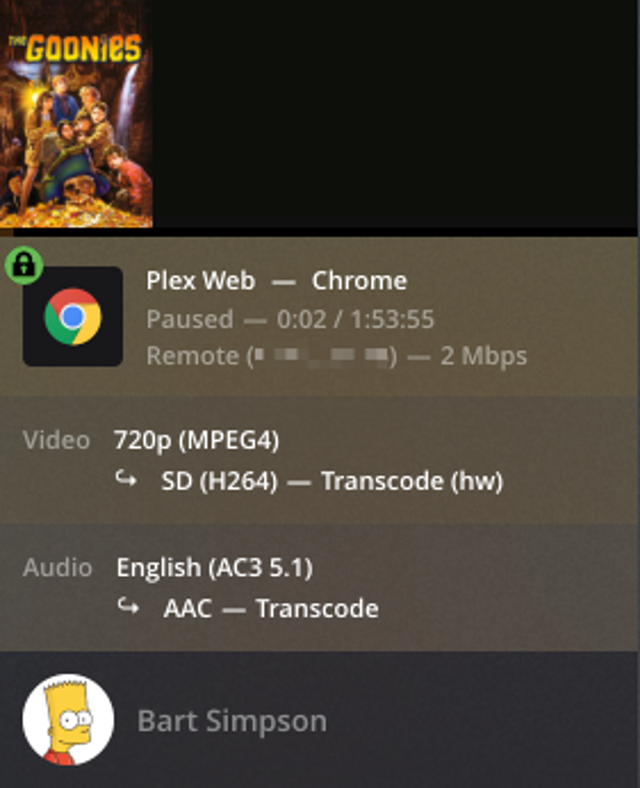 Official historical Plex server dashboard example showing a stream with hardware video transcoding.