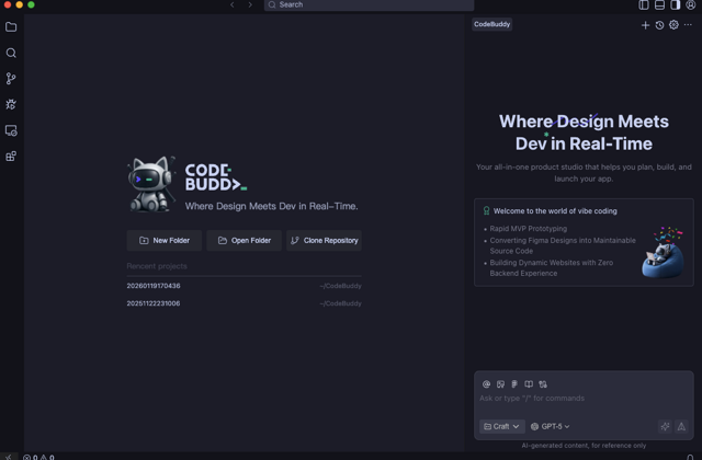 Official dark macOS IDE welcome screen with project controls and AI chat.