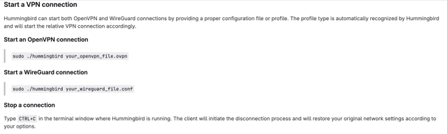 Starting and stopping OpenVPN/WireGuard connections — official Hummingbird documentation screenshot