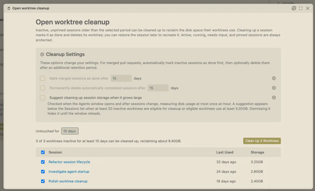 Ejemplo oficial de VS Code 1.141: inspecciona y limpia worktrees de agentes inactivos; la plataforma y el tema pueden variar.
