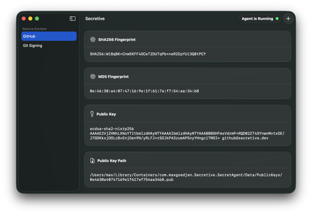 Official dark-mode Secretive README screenshot showing SSH public-key details; pictured build unspecified.