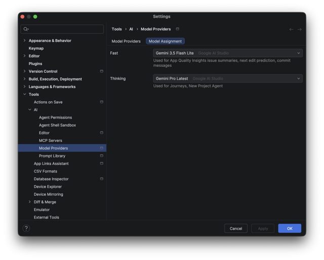 Atribuição de modelos no macOS no guia oficial de recursos de prévia do Android Studio