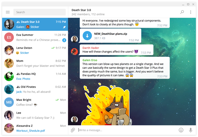 Official Telegram Desktop README preview of a historical Windows chat interface; exact build unspecified.