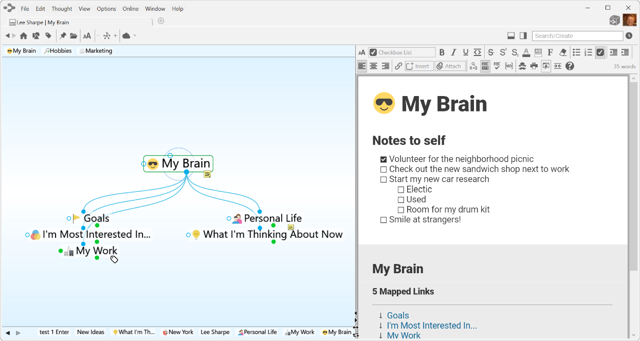 Version 13 Windows interface with linked thoughts and notes, from the official manual.