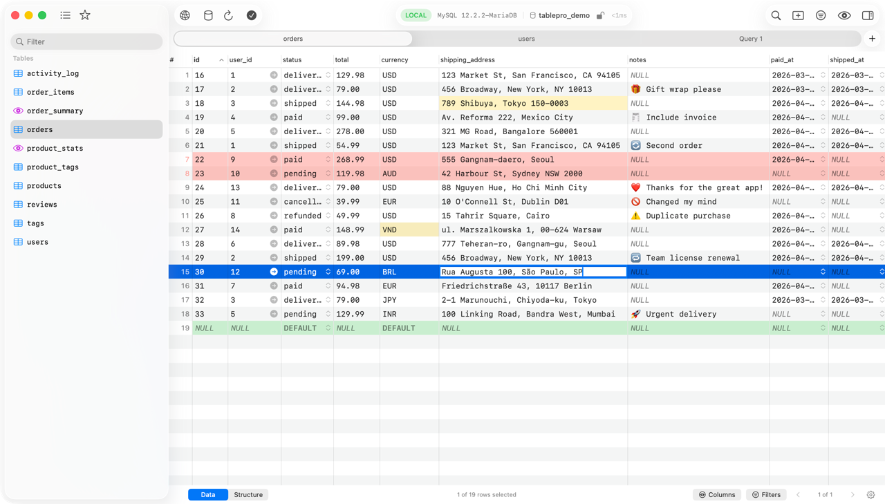 Official TablePro grid-editing example; focused cell and new-row placeholder. App version and UUID generator not shown.