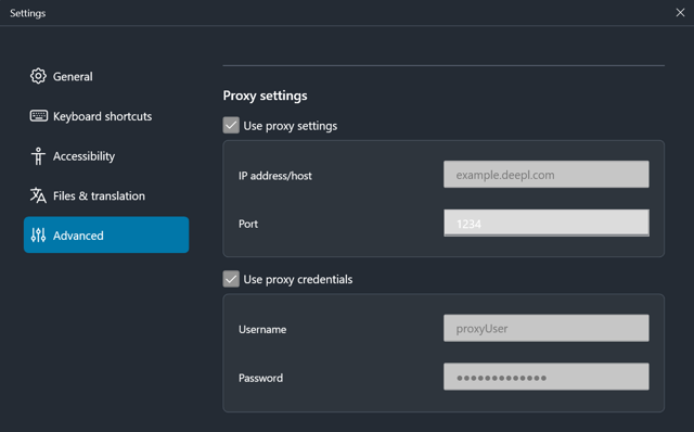 Official Windows DeepL proxy settings with example values. Exact version unknown; not macOS.