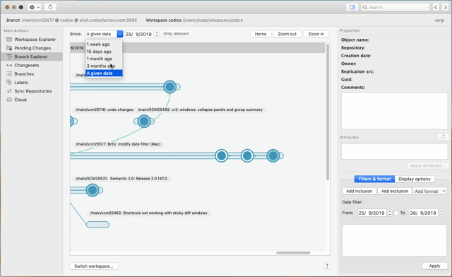 Unity VCS (formerly Plastic SCM): official Mac 8.0.16.3594 demo, 2019 sample branches, frame 0:03