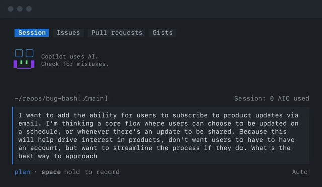 Официальный пример GitHub: спланируйте функцию подписки по электронной почте в сеансе терминала Copilot CLI.