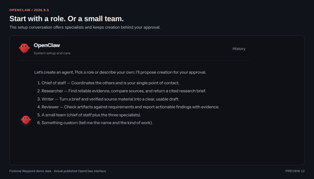 Official 2026.9.5 Control UI agent-setup screenshot with fictional demo data; not live activity.