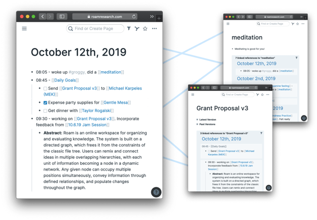 Roam Research links and references: historical official web UI showcase with sample notes