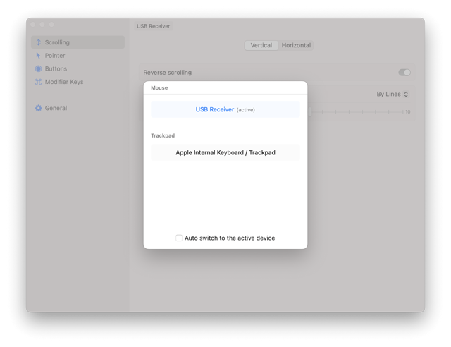 Exemplo oficial de recurso do Mac: escolha um mouse com receptor USB ou o trackpad integrado e configure a rolagem separadamente.