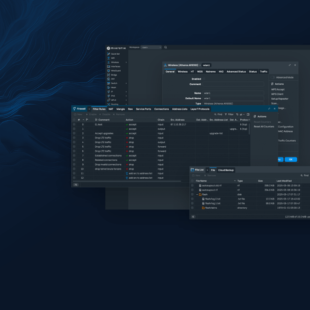WinBox multi-window interface example; host OS and exact version unknown. Original source not byte-bound.