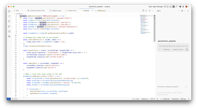 Official historical Mac documentation screenshot of Antigravity IDE's editor and agent side panel; version unspecified.