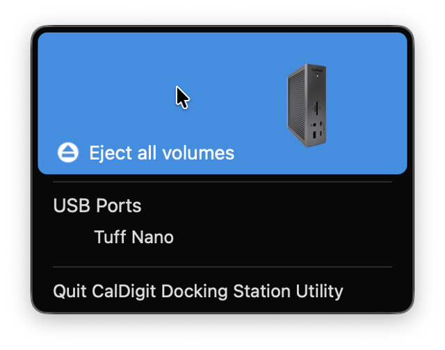 Menú oficial de macOS con almacenamiento conectado y expulsión de volúmenes.