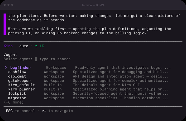 Official Kiro CLI terminal demonstration showing agent selection; version and platform not specified.
