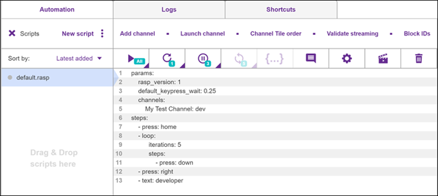 Automation script editor excerpt from the official Roku Remote Tool guide; shared UI with a sample script.