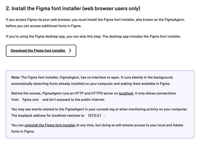 FigmaAgent background font helper — screenshot excerpt from the official installation documentation
