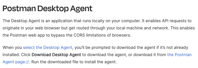 Desktop Agent operation and installation — screenshot of official Postman documentation