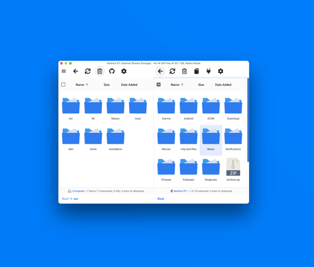 官方 Mac 示例：分窗格浏览本地文件夹和 Kalam 模式下的 Realme XT；历史界面。