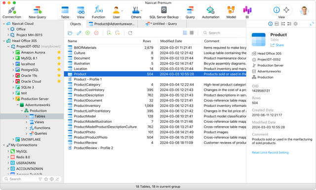 Navicat Premium Mac版 — メイン画面の公式例