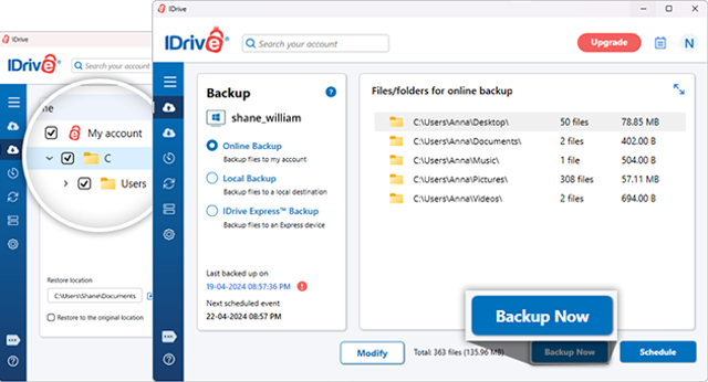 Official Windows interface montage illustrating online backup and file restore.