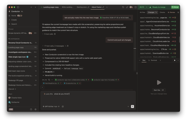 エージェントチャットと変更パネルを備えた公式の Conductor デスクトップワークスペースです。