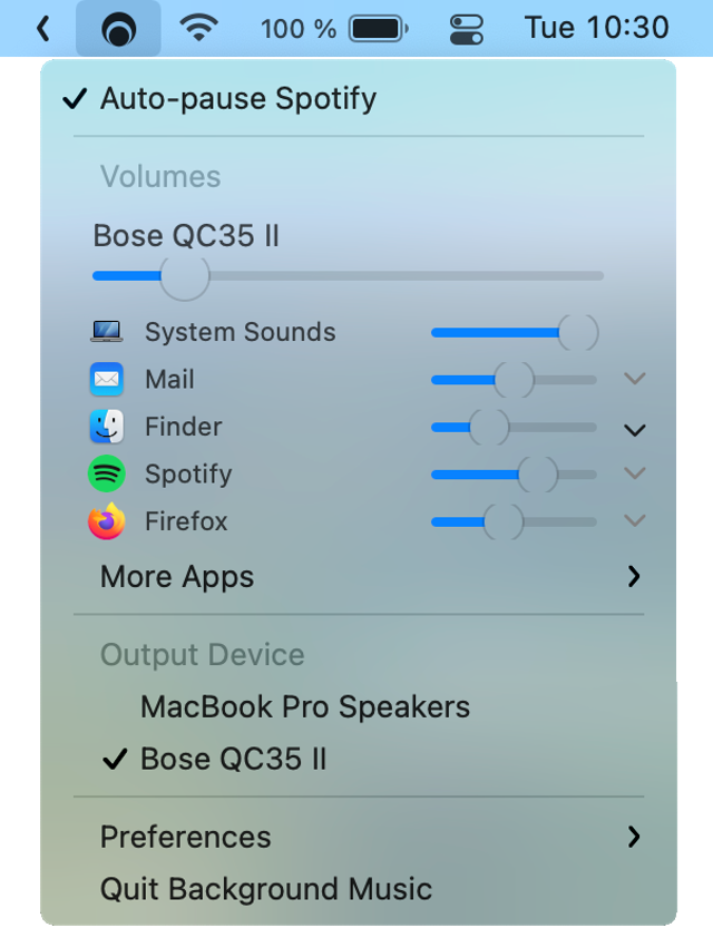 Exemplo oficial da barra de menus do Mac com volume por aplicativo, pausa automática do Spotify e seleção do dispositivo de saída; compilação não especificada.