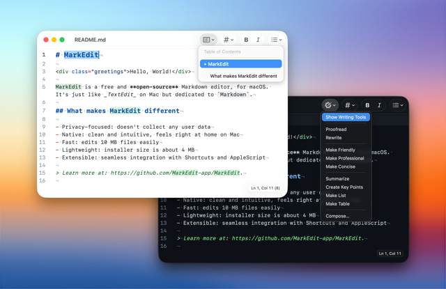 Official Mac screenshot showing Markdown source editing, table of contents and system Writing Tools.