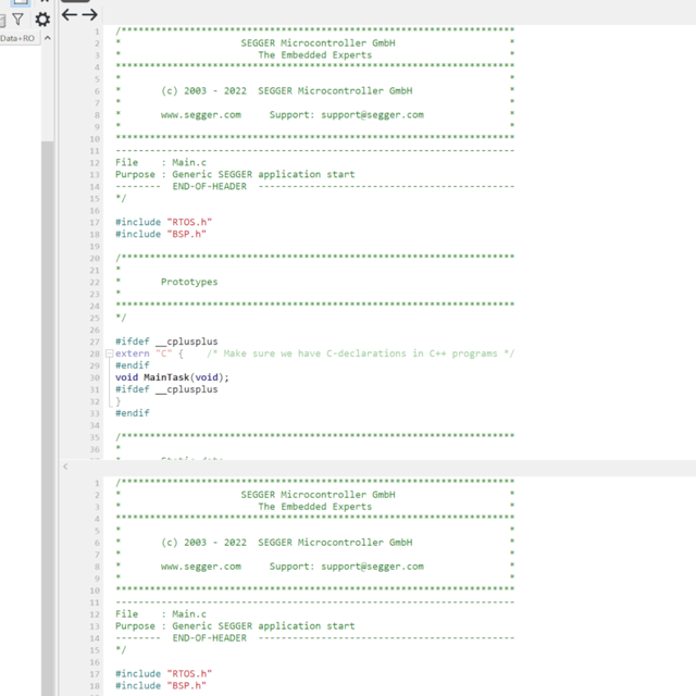 Official cropped editor screenshot showing a source file in two split panes.