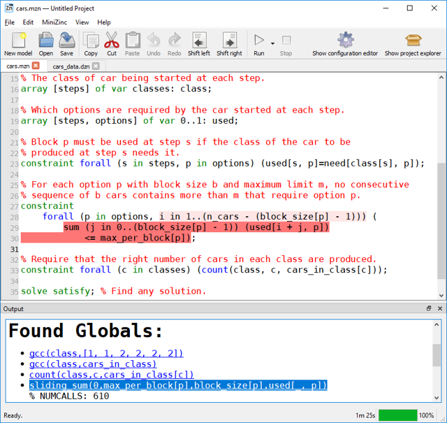官方 Windows IDE 截图，展示模型代码与 Globalizer 约束建议。