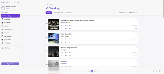Official public web player: signed-out Trending catalog and playback controls; not a Mac desktop build test.