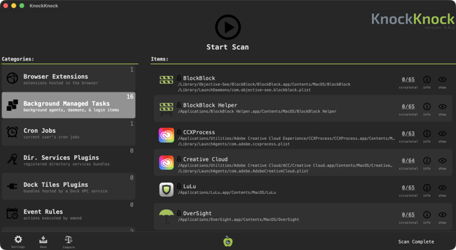 Official KnockKnock 4.0.2 Mac interface showing persistence categories and background managed tasks.