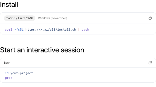 Documentación oficial de Grok Build: instalación en macOS e inicio CLI; comandos no ejecutados localmente.